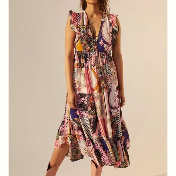 NWOT Ruffled Patchwork Midi Dress 4 - Picture 1 of 5